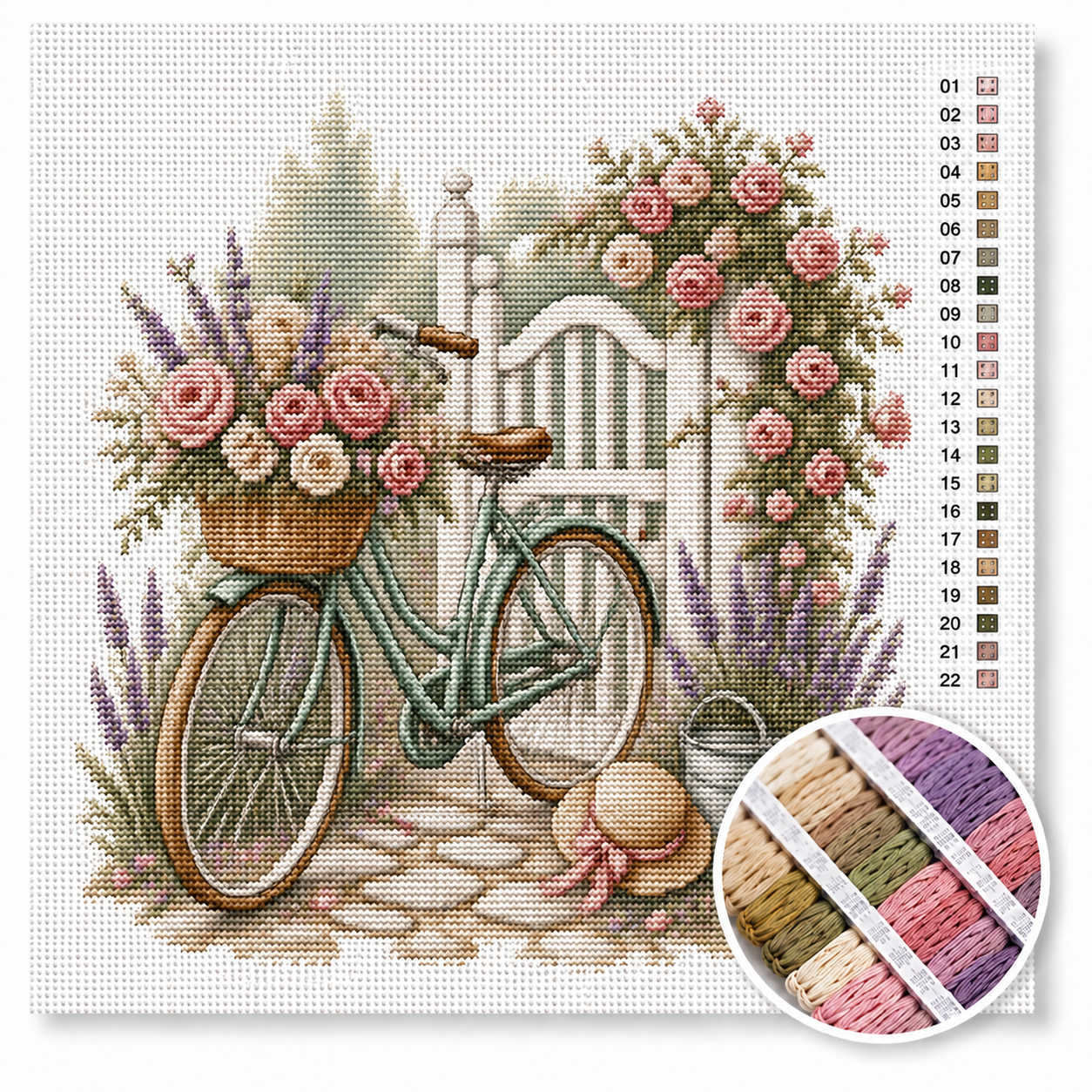 Vintage fiets met bloemenmand kruissteek pakket — mintblauwe fiets met rozen en lavendel bij witte poort