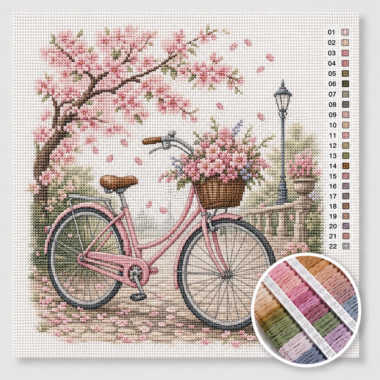Kersenbloesem kruissteek pakket — roze vintage fiets onder bloeiende sakura