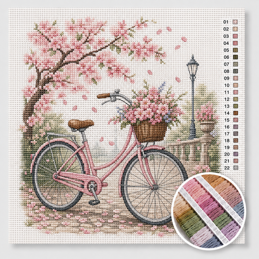 Kersenbloesem kruissteek pakket — roze vintage fiets onder bloeiende sakura