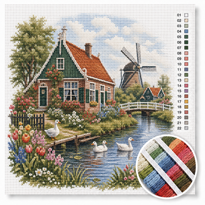 Hollands boerderijtje aan de vaart kruissteek pakket — Zaans huisje met groen dak, witte ganzen en molen op de achtergrond