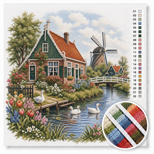 Hollands boerderijtje aan de vaart kruissteek pakket — Zaans huisje met groen dak, witte ganzen en molen op de achtergrond
