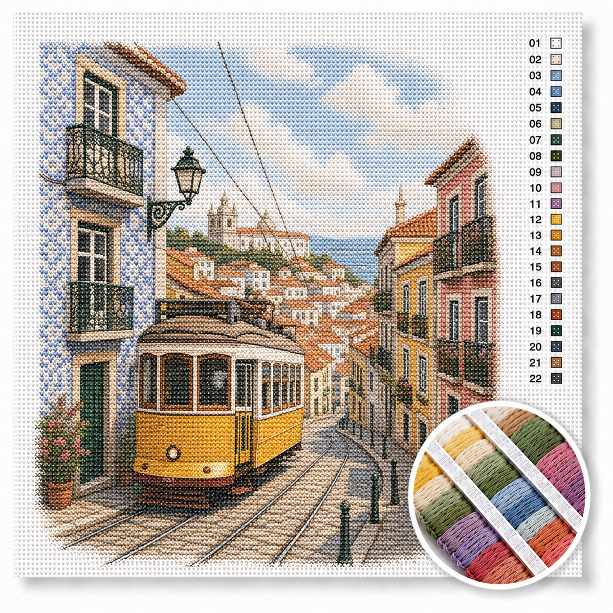 Lissabon tram 28 in de Alfama kruissteek pakket — gele tram, blauwe azulejos-tegels en uitzicht over oranje daken
