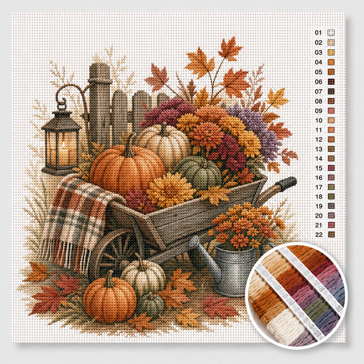 Herfst kruissteek pakket — houten kruiwagen vol pompoenen met lantaarn en chrysanten