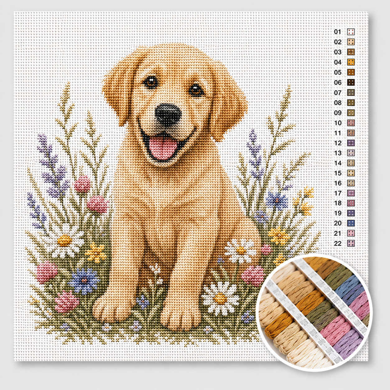 Labradorpup kruissteek pakket — vrolijke blonde labrador tussen wilde bloemen, lavendel en madeliefjes