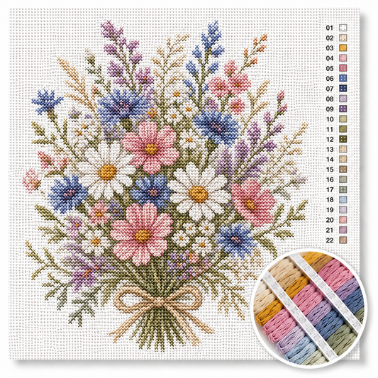 Wilde voorjaarsbloemen kruissteek pakket — boeket met madeliefjes, korenbloemen, cosmos en lavendel