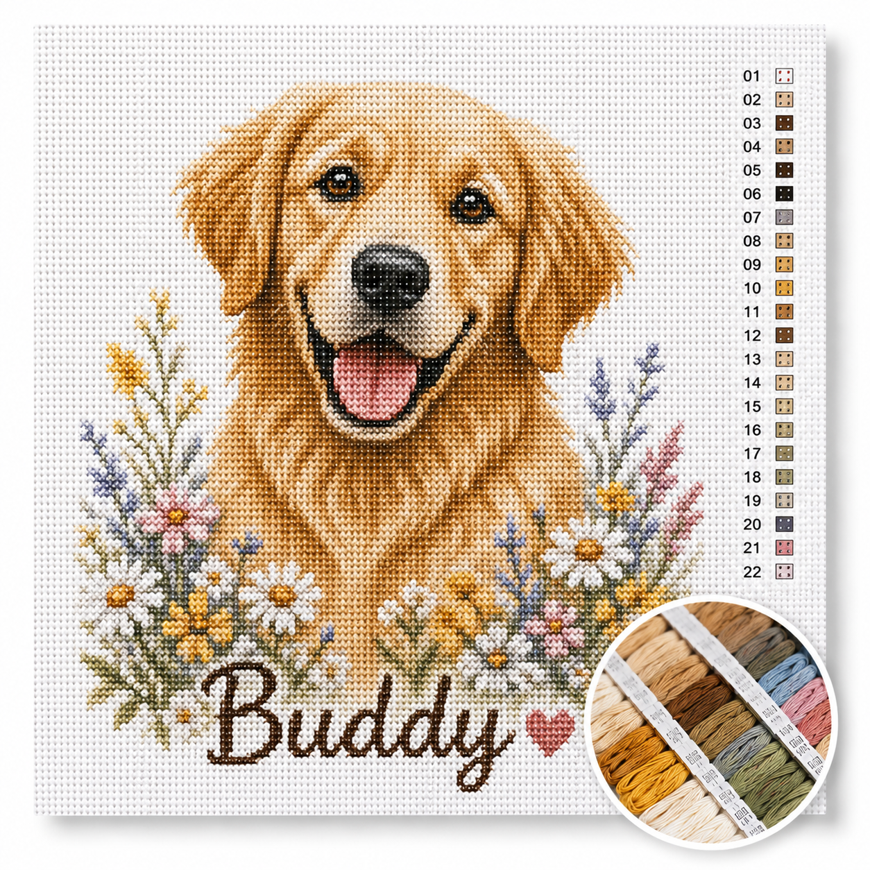 Golden Retriever Buddy kruissteek pakket — vrolijk hondendesign met wilde bloemen
