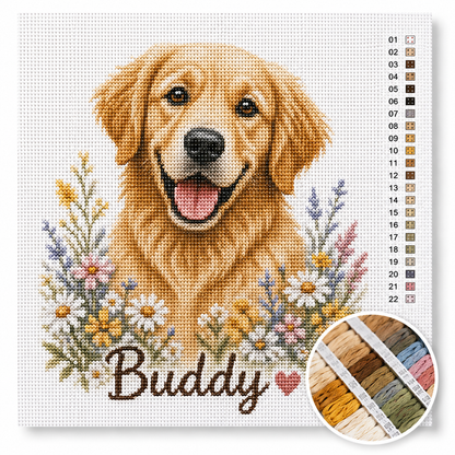 Golden Retriever Buddy kruissteek pakket — vrolijk hondendesign met wilde bloemen