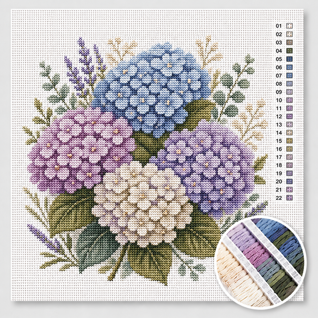 Hortensia's in pastel kruissteek pakket — boeket met blauwe, lila en witte hortensia's en lavendel