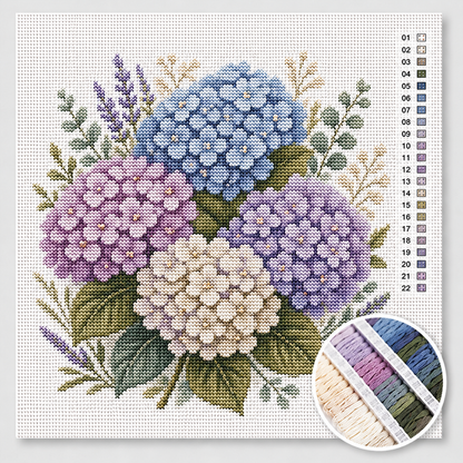 Hortensia's in pastel kruissteek pakket — boeket met blauwe, lila en witte hortensia's en lavendel
