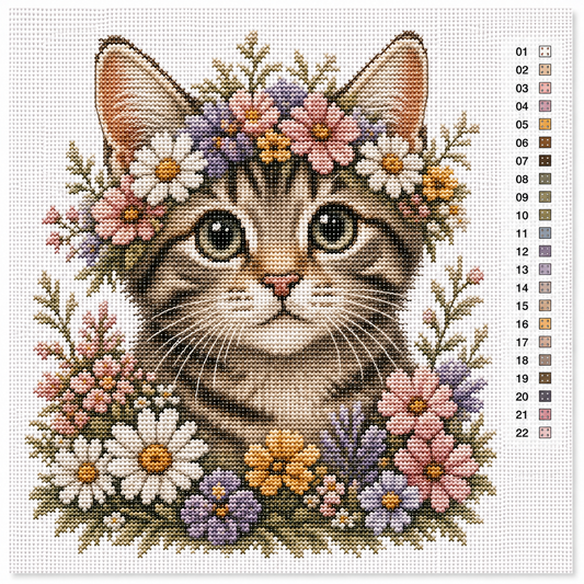 Kitten met bloemenkrans kruissteek pakket — schattig kattendesign in pasteltinten