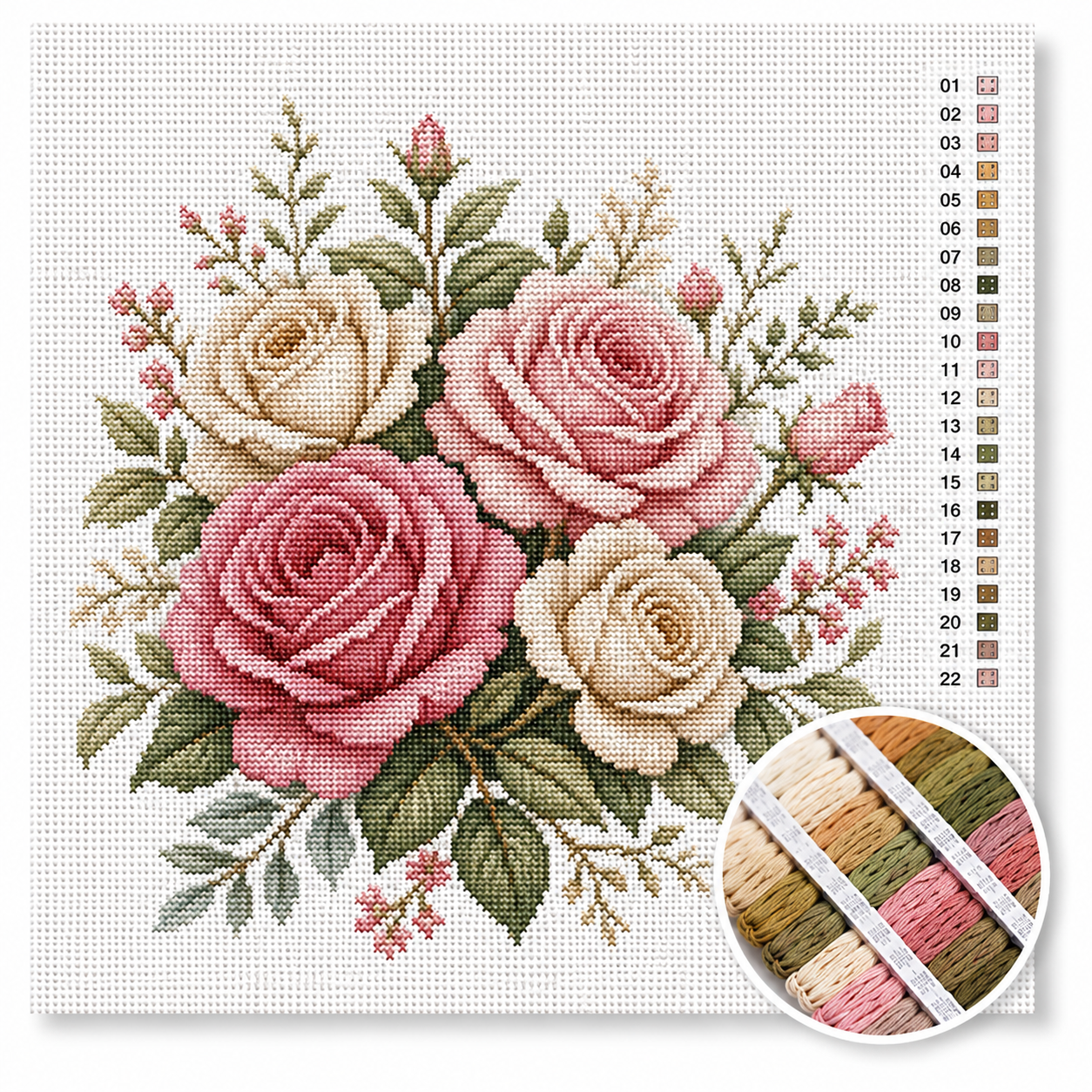 Klassieke rozen kruissteek pakket — drie tuinrozen in dieproze, poederrose en wit met groen blad