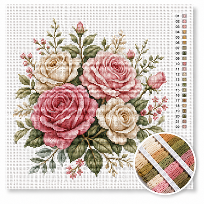 Klassieke rozen kruissteek pakket — drie tuinrozen in dieproze, poederrose en wit met groen blad