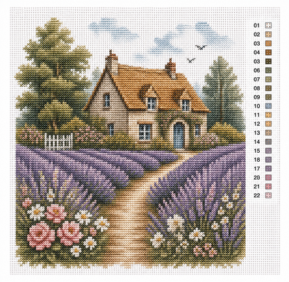 Cottage in lavendelveld kruissteek pakket — romantisch Provence design