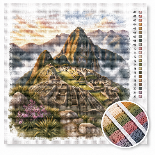 Machu Picchu kruissteek pakket — Inca-ruines in de Andes met Huayna Picchu en bergmist