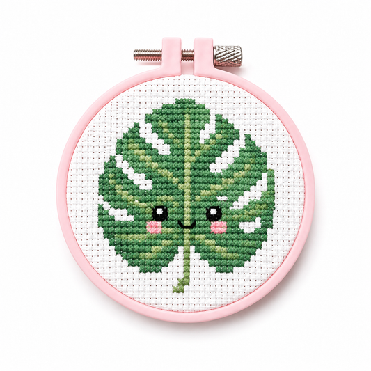 Monstera-blad mini kruissteek in roze borduurring