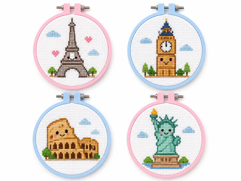 Mini Bundel Wereldsteden — Set van 4 Mini Kruissteek Kits