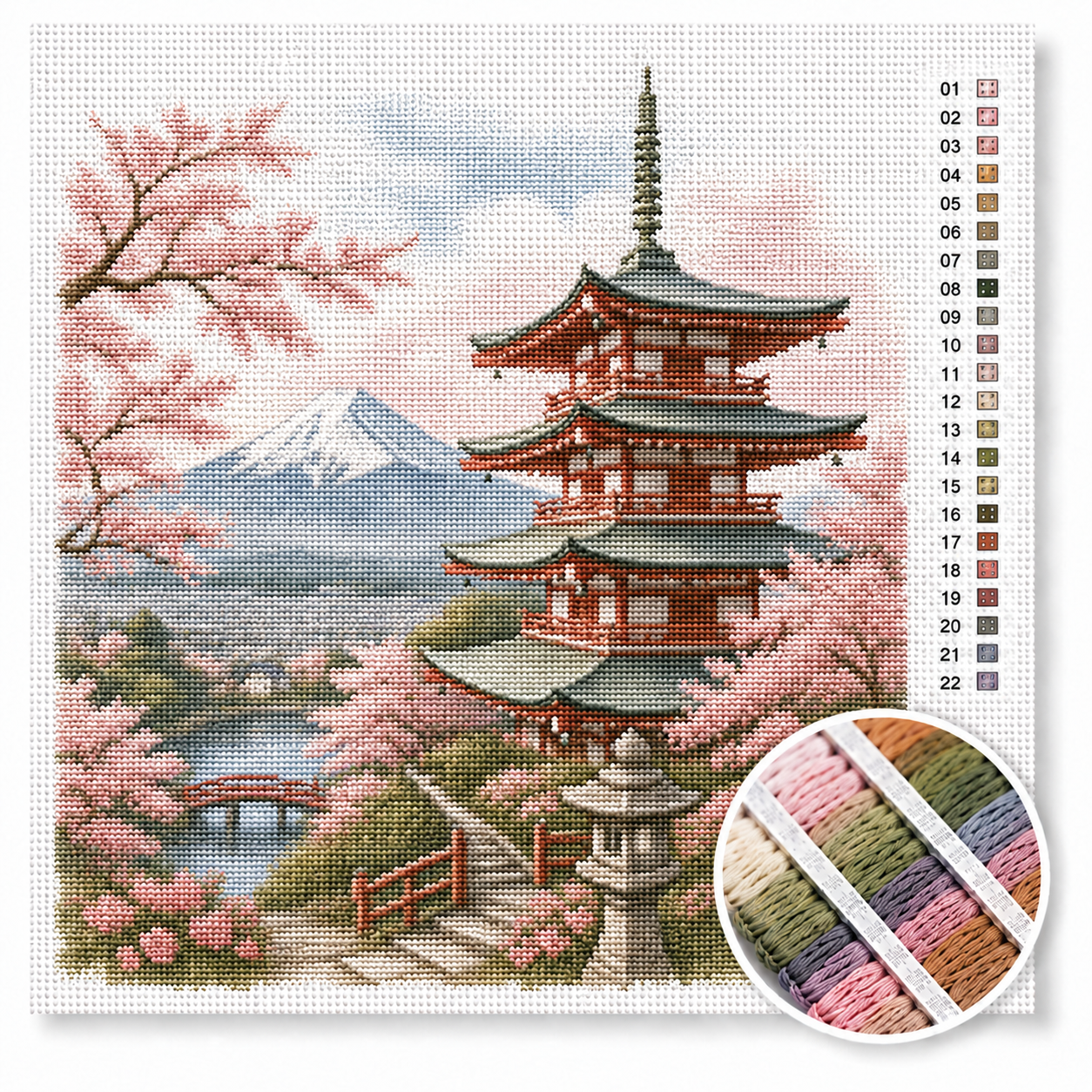 Mount Fuji kruissteek pakket — Japanse pagode bij sneeuwberg met sakura-bloesem en brug