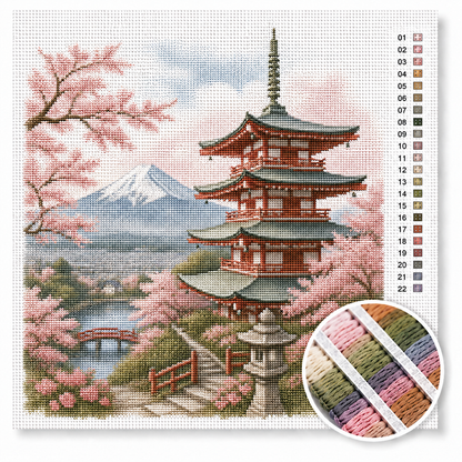 Mount Fuji kruissteek pakket — Japanse pagode bij sneeuwberg met sakura-bloesem en brug