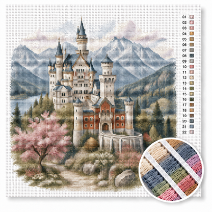 Neuschwanstein kasteel kruissteek pakket — sprookjeskasteel in Beieren met Alpen en kersenbloesem
