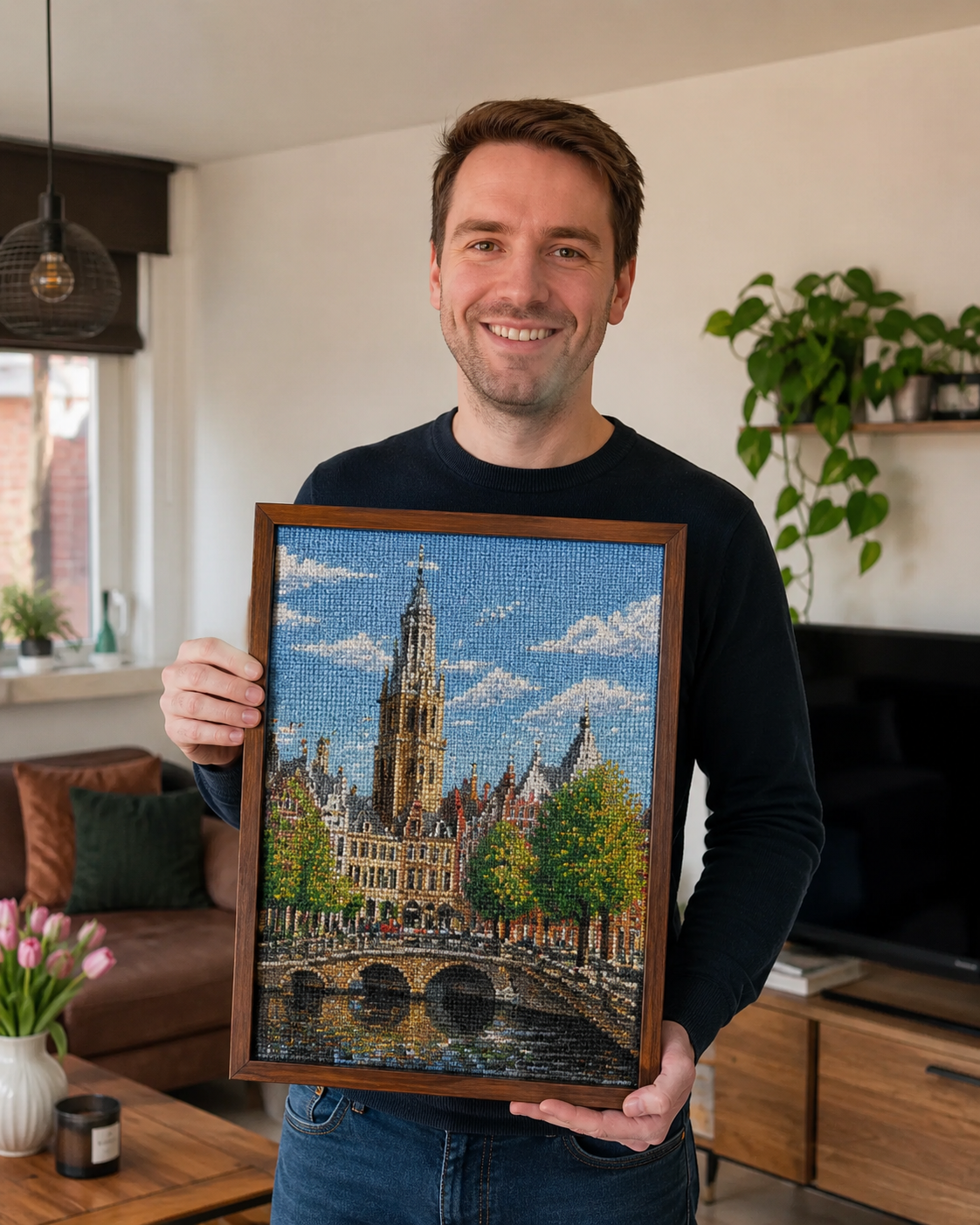 Klant Bram met geborduurd stadsgezicht
