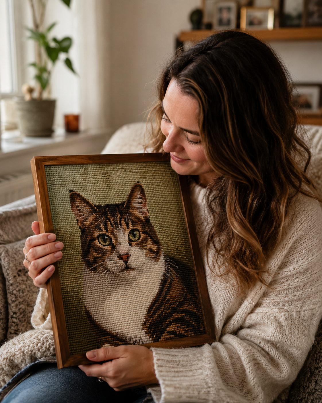 Klant Eva met geborduurd portret van overleden kat