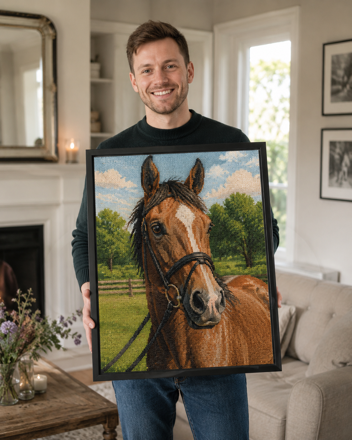 Klant Joost met geborduurd portret van paard