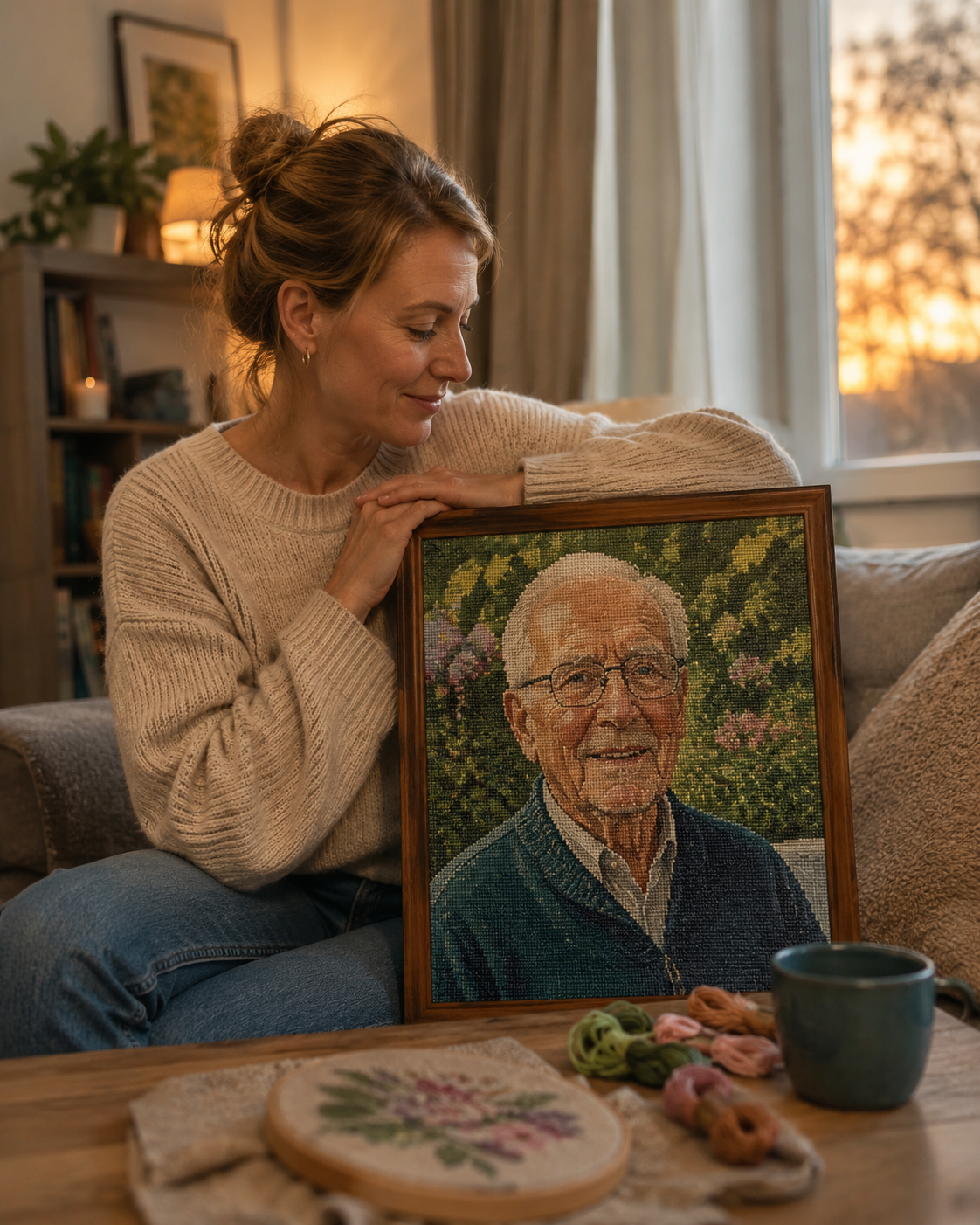 Klant Karin met geborduurd portret van haar opa