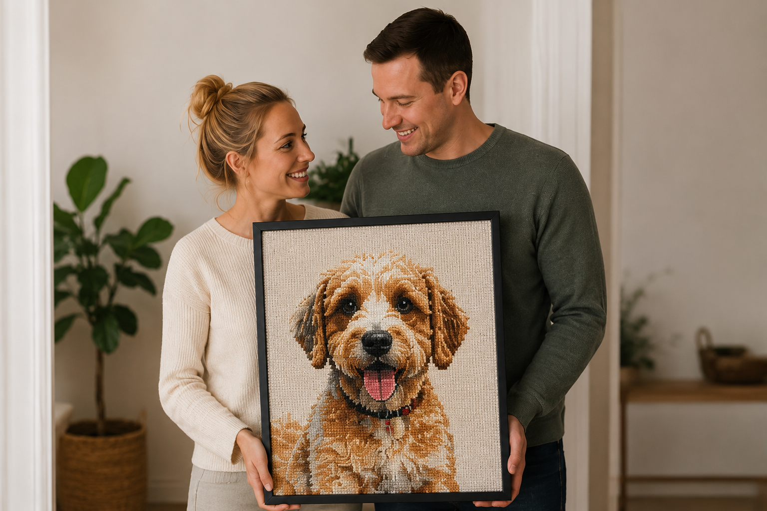 Klant Marieke en partner met geborduurd portret van hond