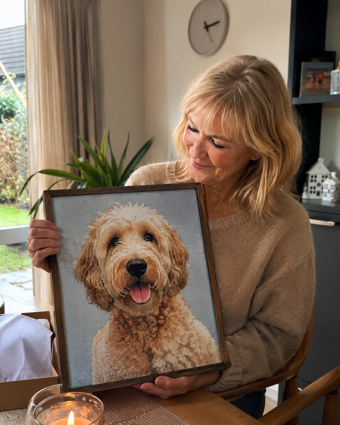 Klant Sanne met geborduurd portret van hond Mio