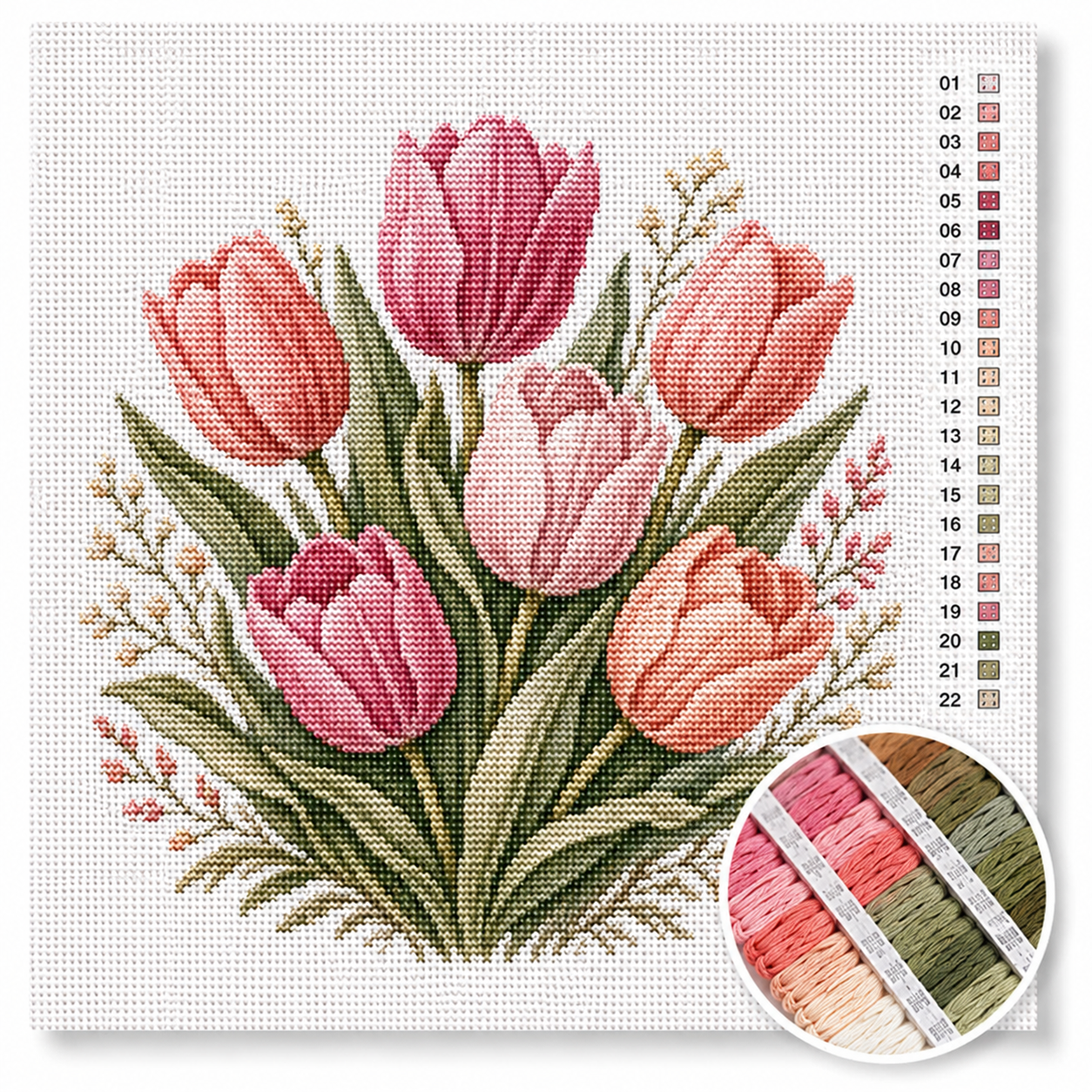 Roze tulpenboeket kruissteek pakket — Hollandse tulpen in roze en koraal tinten met groene bladeren