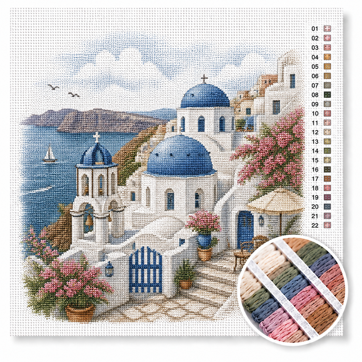 Santorini kruissteek pakket — blauwe koepels en witte huisjes van Oia boven de Egeische Zee