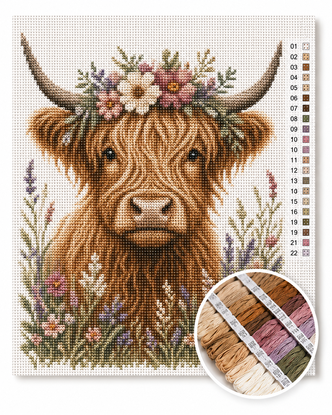 Schotse Hooglander met bloemenkrans kruissteek pakket — voorbeeld design met lavendel en wilde bloemen