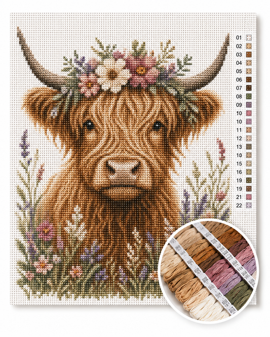 Schotse Hooglander met bloemenkrans kruissteek pakket — voorbeeld design met lavendel en wilde bloemen