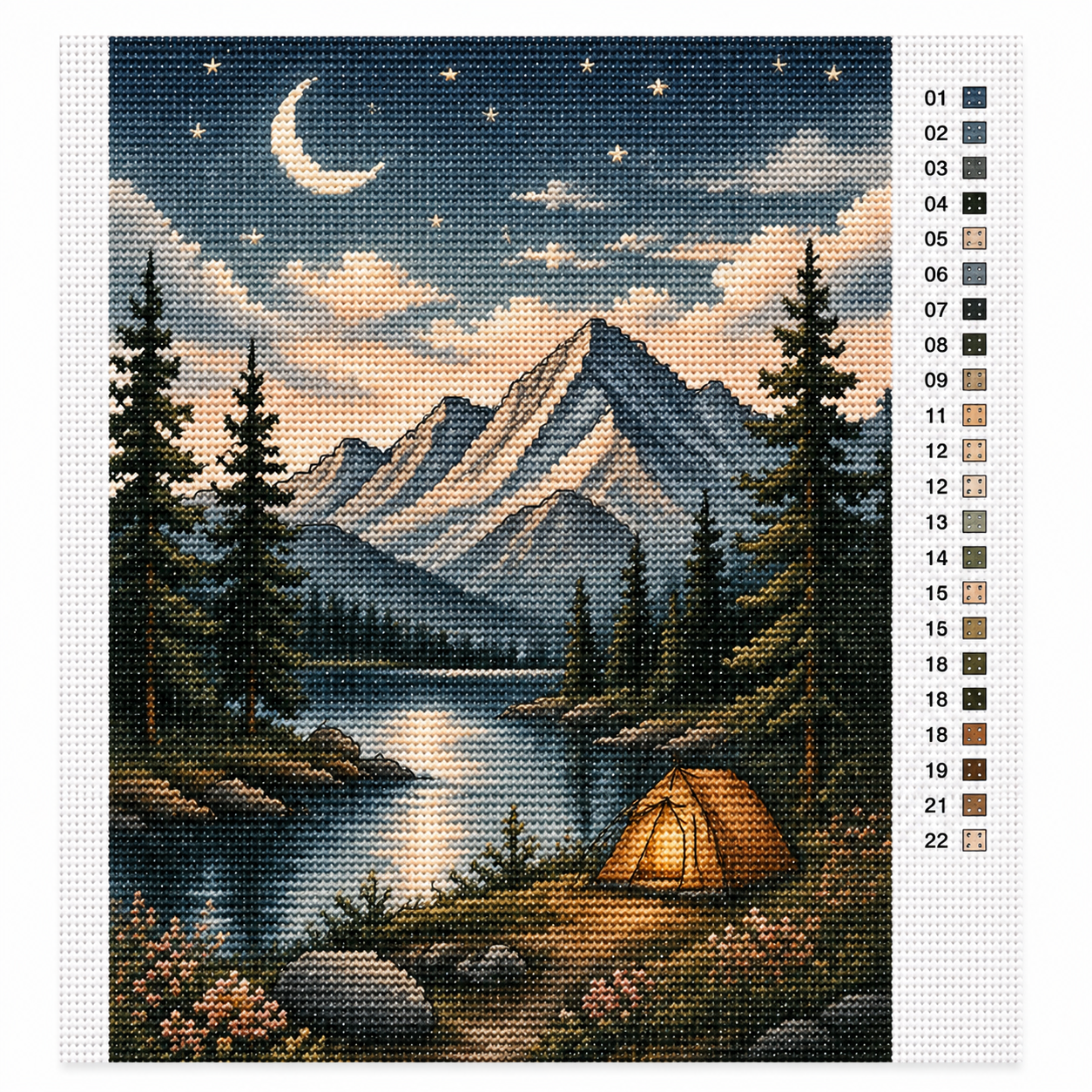 Sterrennacht aan het bergmeer kruissteek pakket — serene landschap design