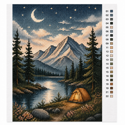Sterrennacht aan het bergmeer kruissteek pakket — serene landschap design