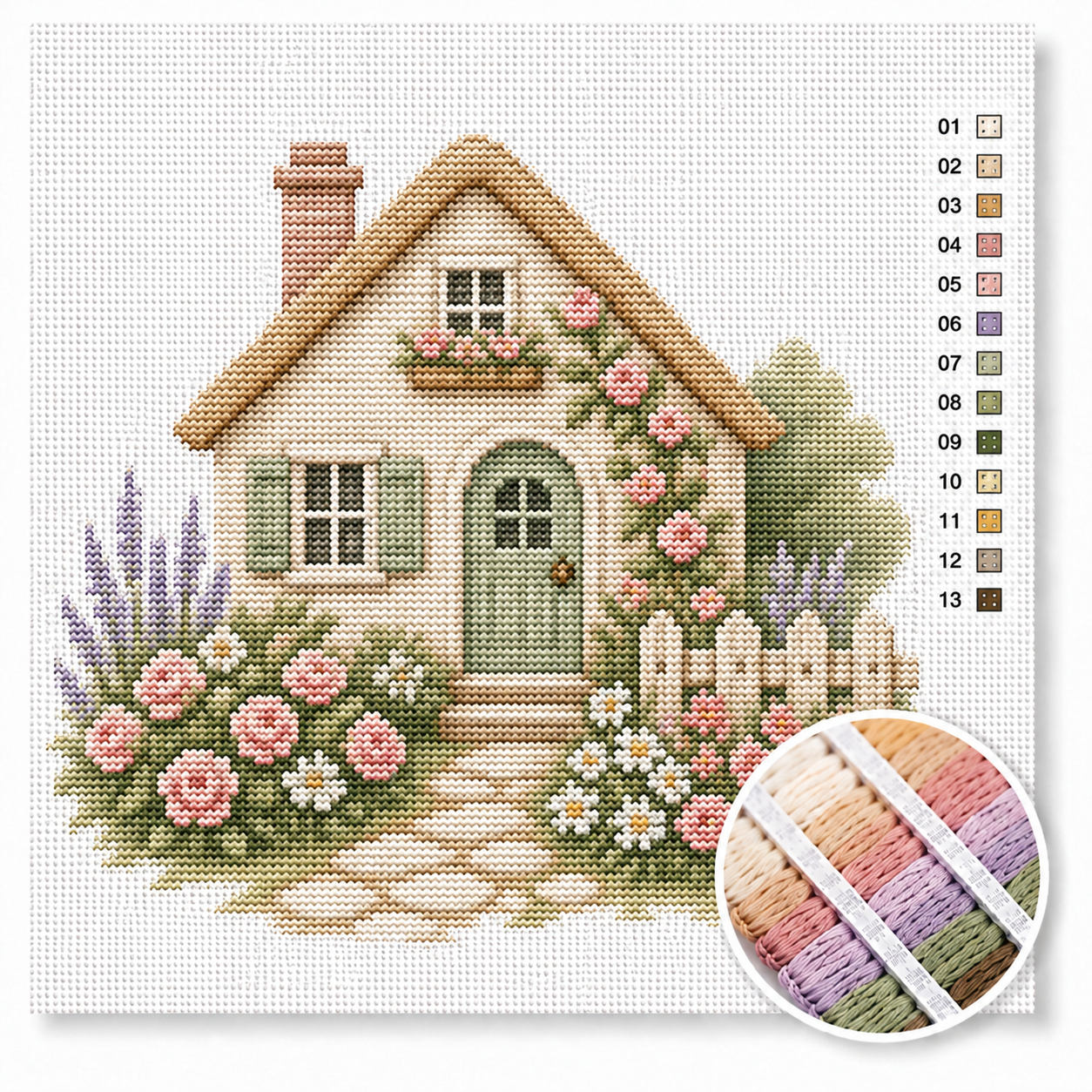 Sprookjescottage met rozen kruissteek pakket — lieflijk cottage met groene luiken, klimrozen en madeliefjes
