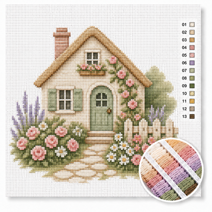 Sprookjescottage met rozen kruissteek pakket — lieflijk cottage met groene luiken, klimrozen en madeliefjes