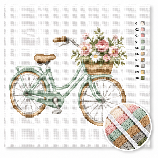 Vintage fiets met bloemenmand kruissteek pakket — mintgroene damesfiets met rieten mand vol roze bloemen