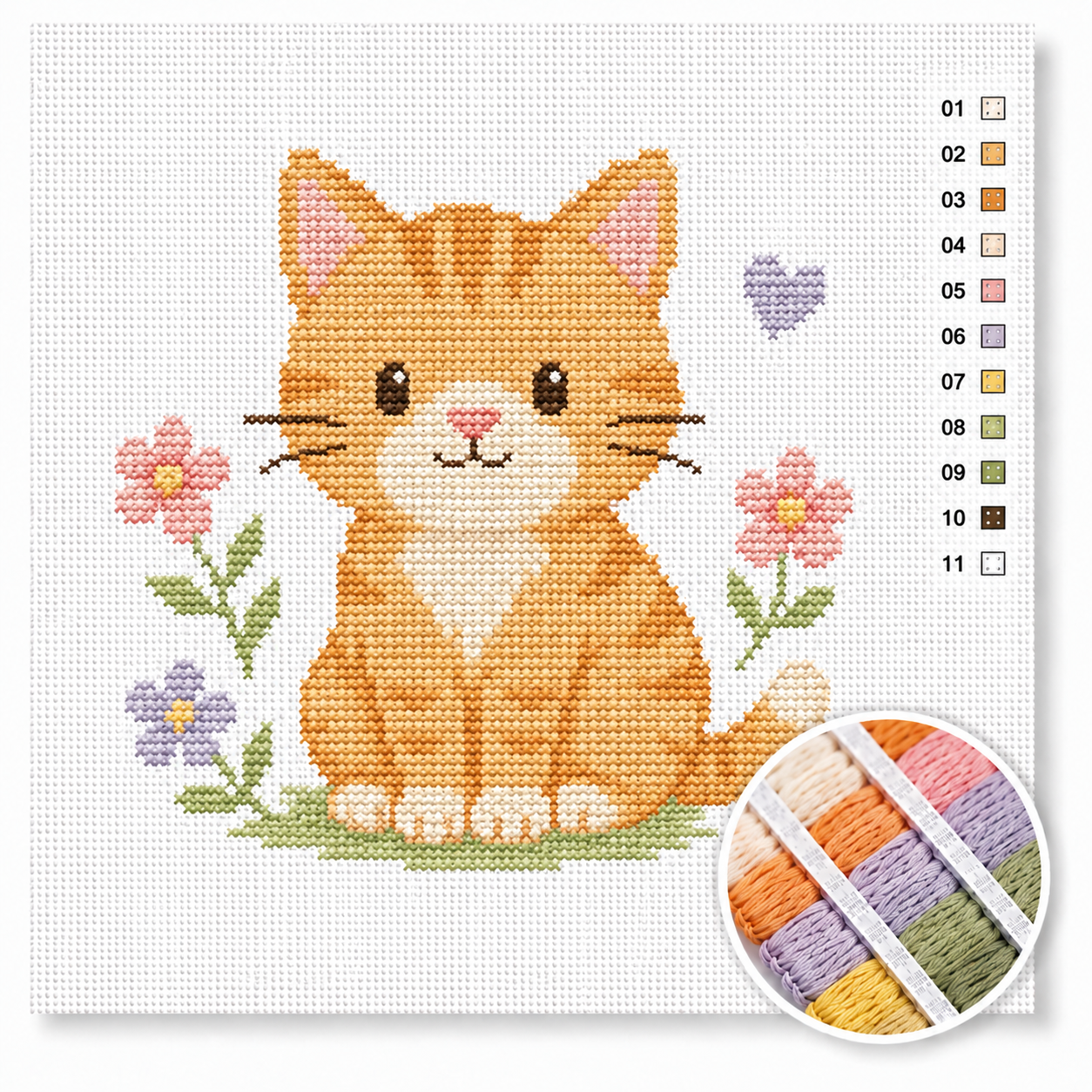 Lief oranje katje kruissteek pakket — schattige rode kitten tussen pastelkleurige bloemen voor beginners