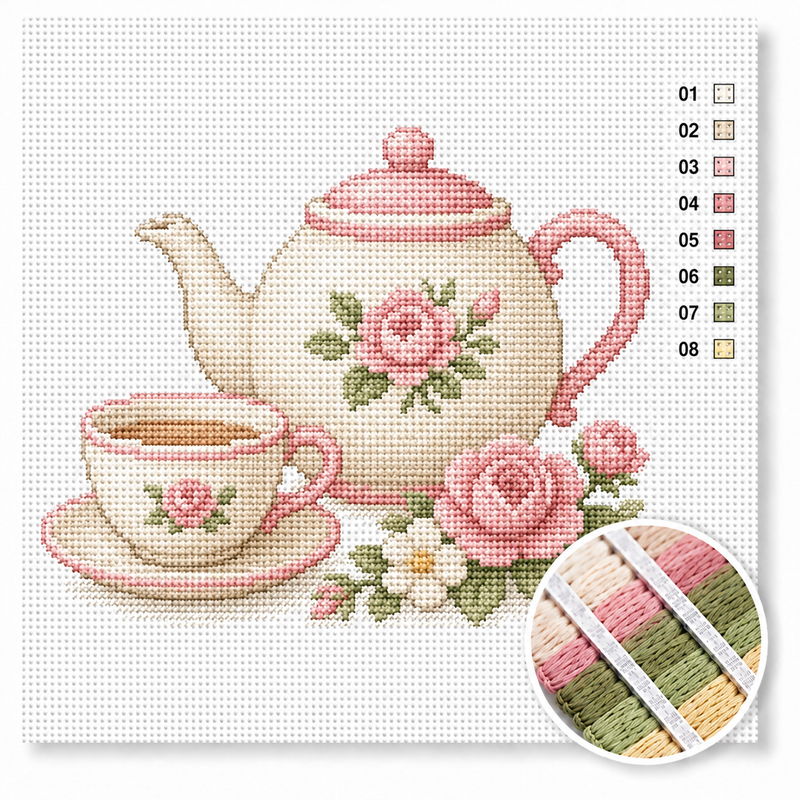Teekanne mit Rosen — Kreuzstich-Set
