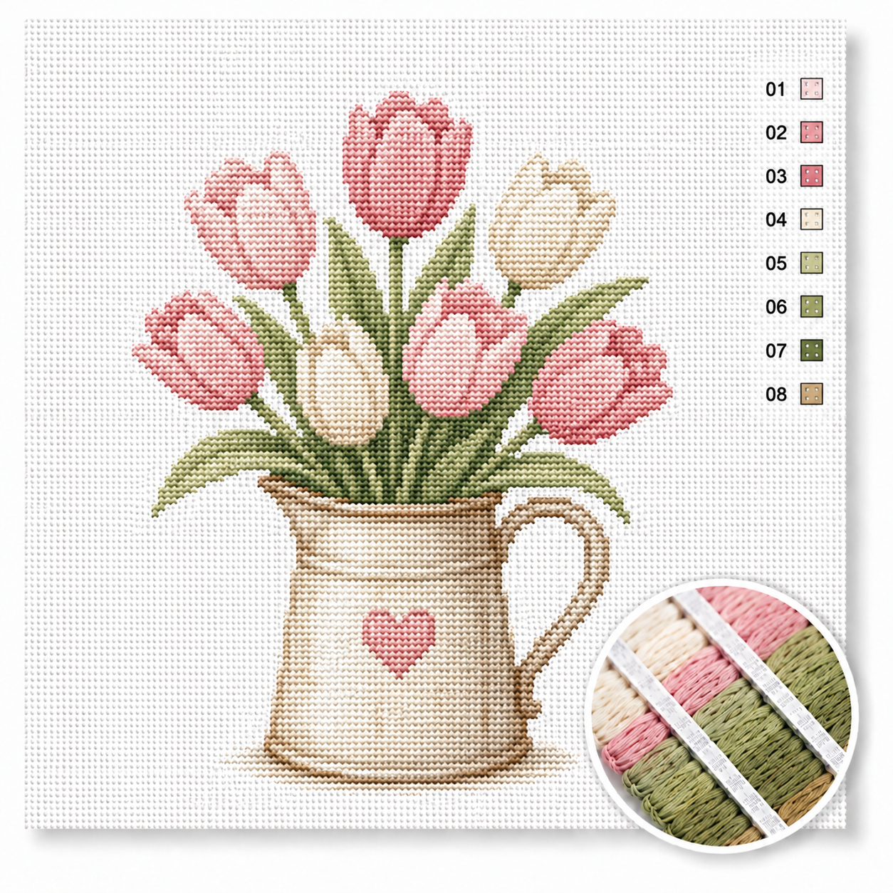 Roze tulpen in kan kruissteek pakket — boeket roze en witte tulpen in crèmekleurige melkkan met hartje