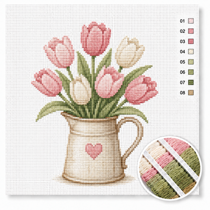 Roze tulpen in kan kruissteek pakket — boeket roze en witte tulpen in crèmekleurige melkkan met hartje