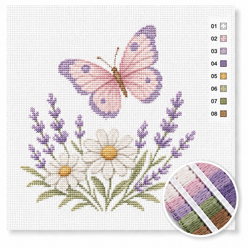Schmetterling mit Lavendel und Gänseblümchen — Kreuzstich-Set