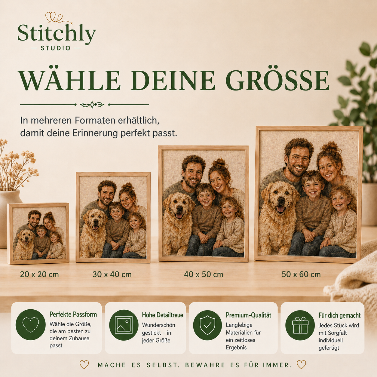 Wähle deine Größe - erhältlich in 20x20 bis 50x60 cm - Stitchly Studio