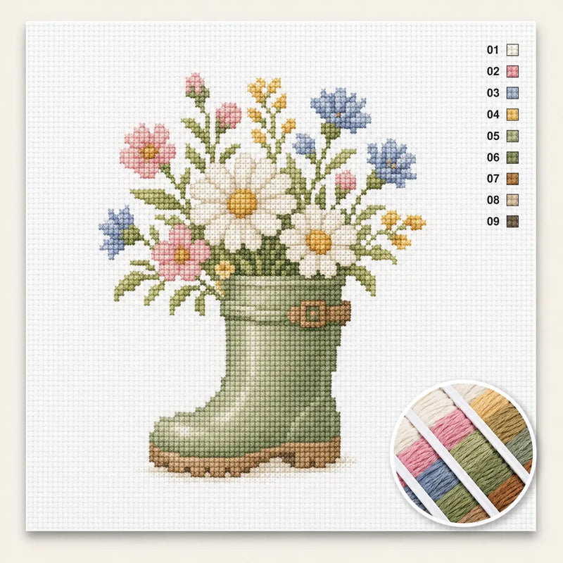 Regenlaars met Veldbloemen — Kruissteek Pakket