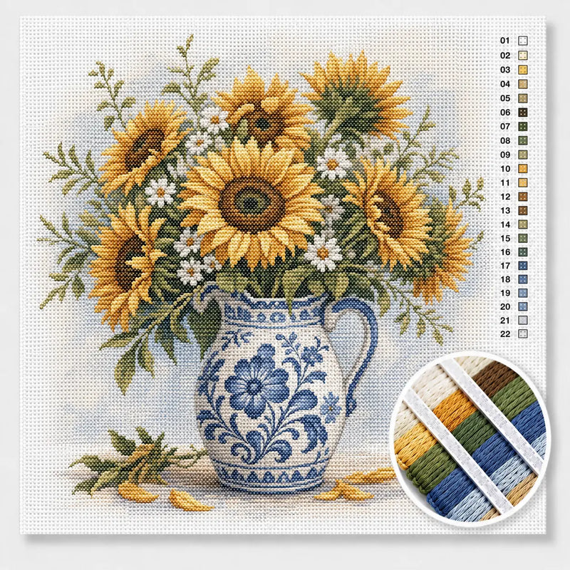 Zonnebloemen in Delfts Blauwe Kan — Kruissteek Pakket