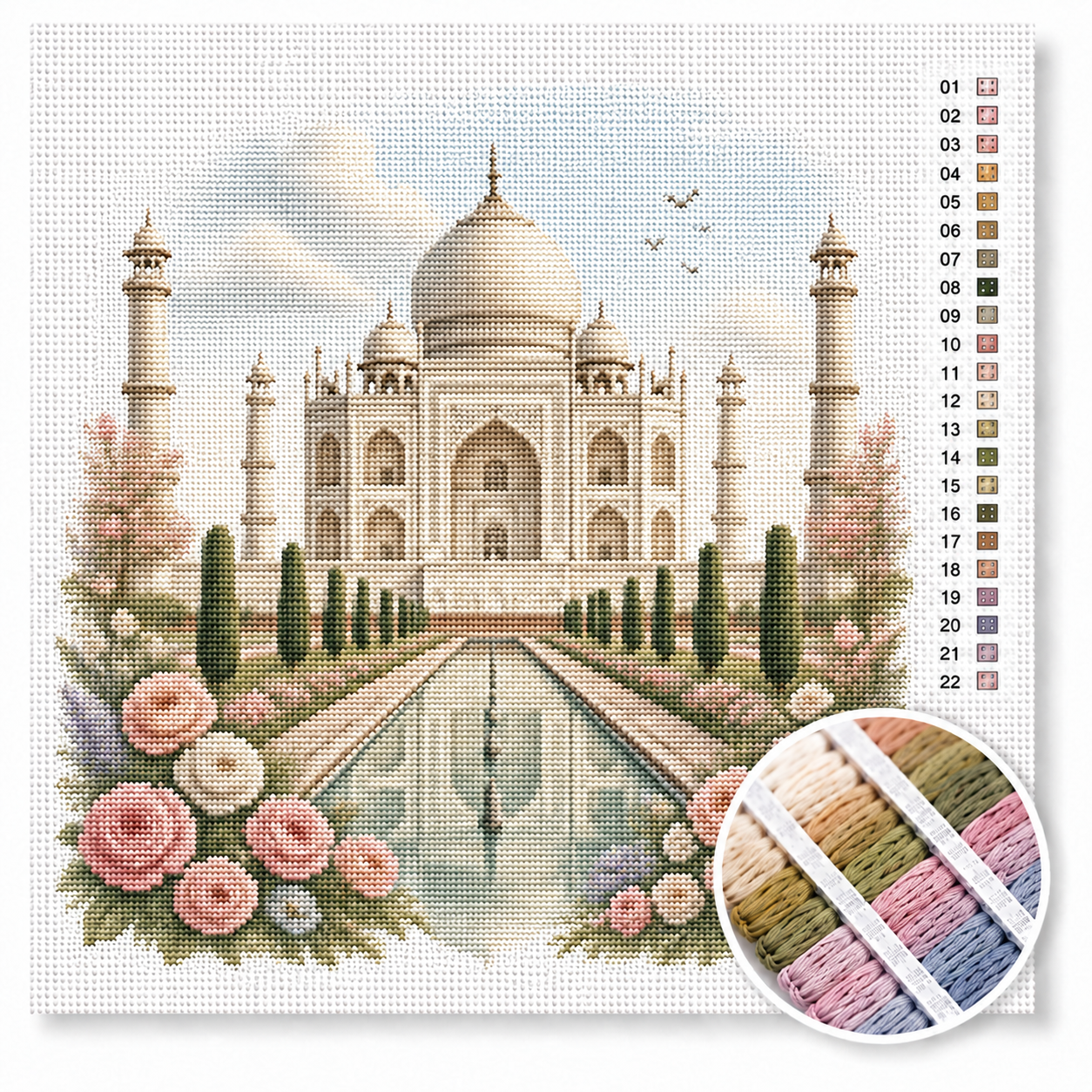 Taj Mahal kruissteek pakket — wit marmeren mausoleum in Agra met reflectievijver en rozen