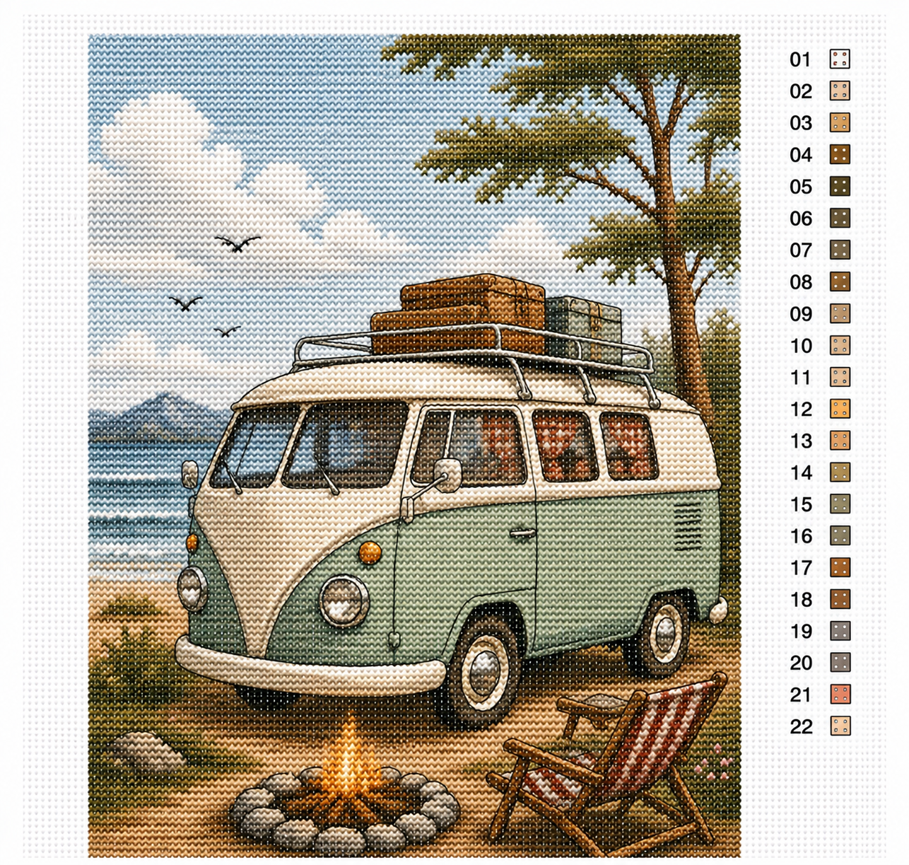 Vintage kampeerbus aan zee kruissteek pakket — nostalgisch retro vakantiedesign