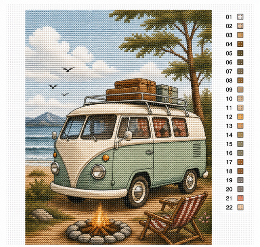 Vintage kampeerbus aan zee kruissteek pakket — nostalgisch retro vakantiedesign
