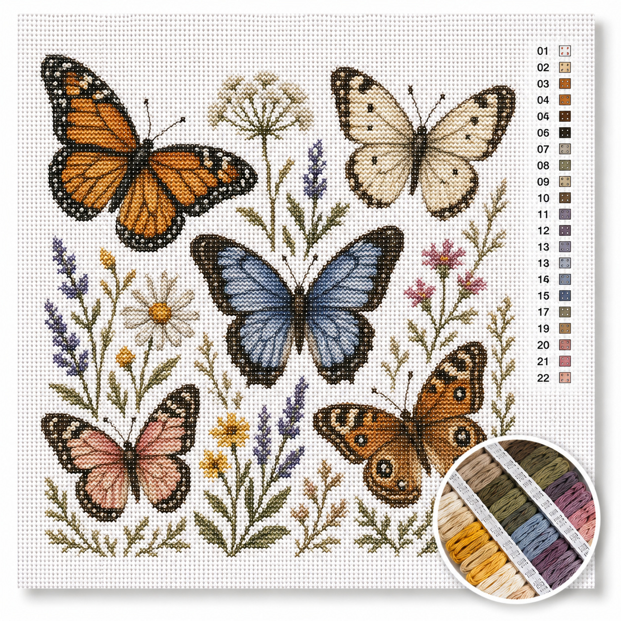 Vlinders en wilde bloemen kruissteek pakket — levendige zomerse compositie